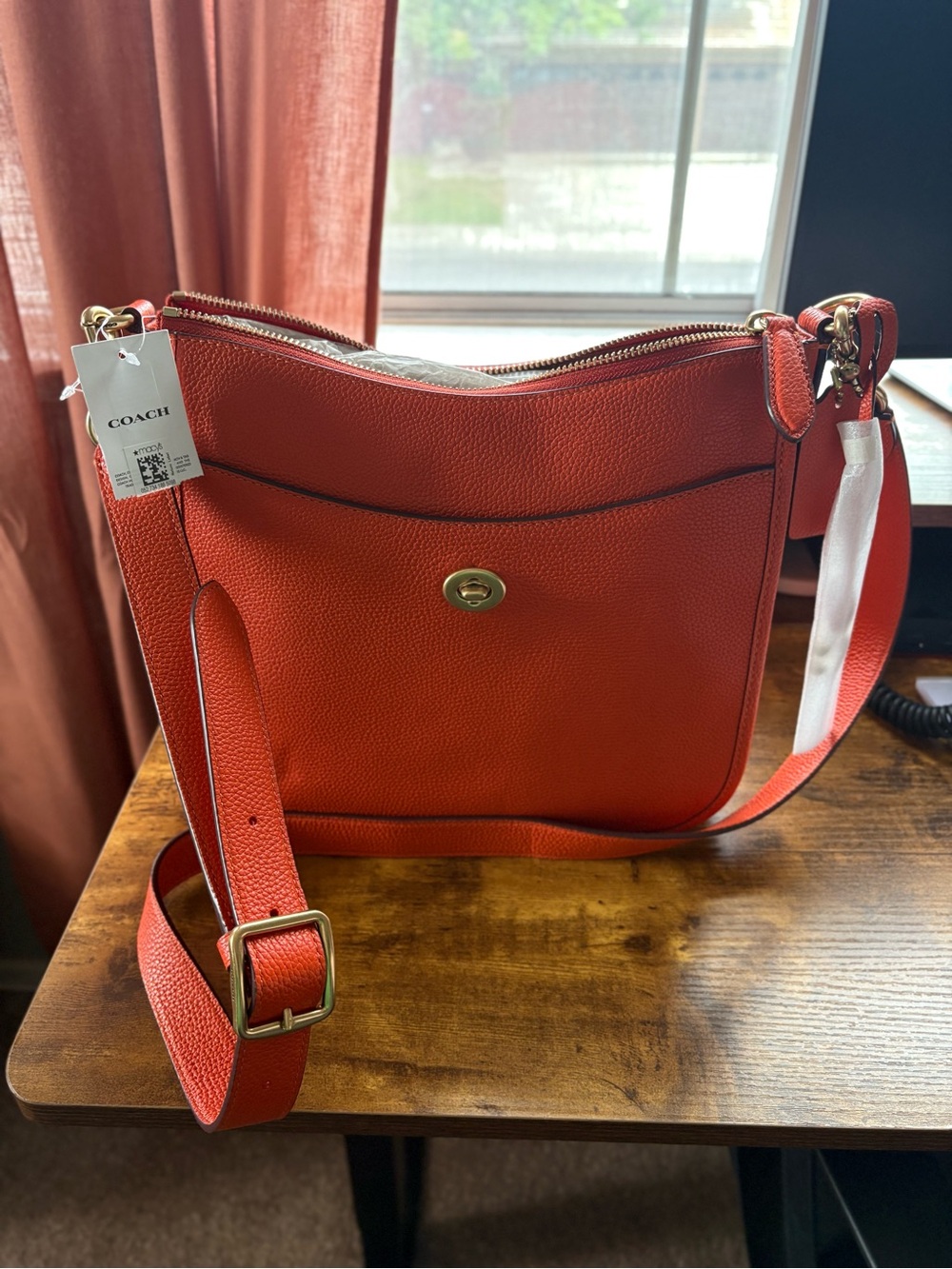 Coach Pebbled Leather Crossbody in Orange-Red with Gold Hardware